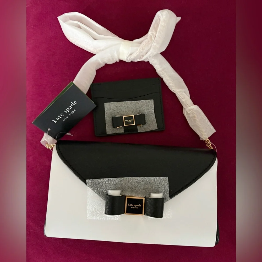 Kate Spade Black Morgan Bow Crossbody with Gold Chain & matching Cardholder